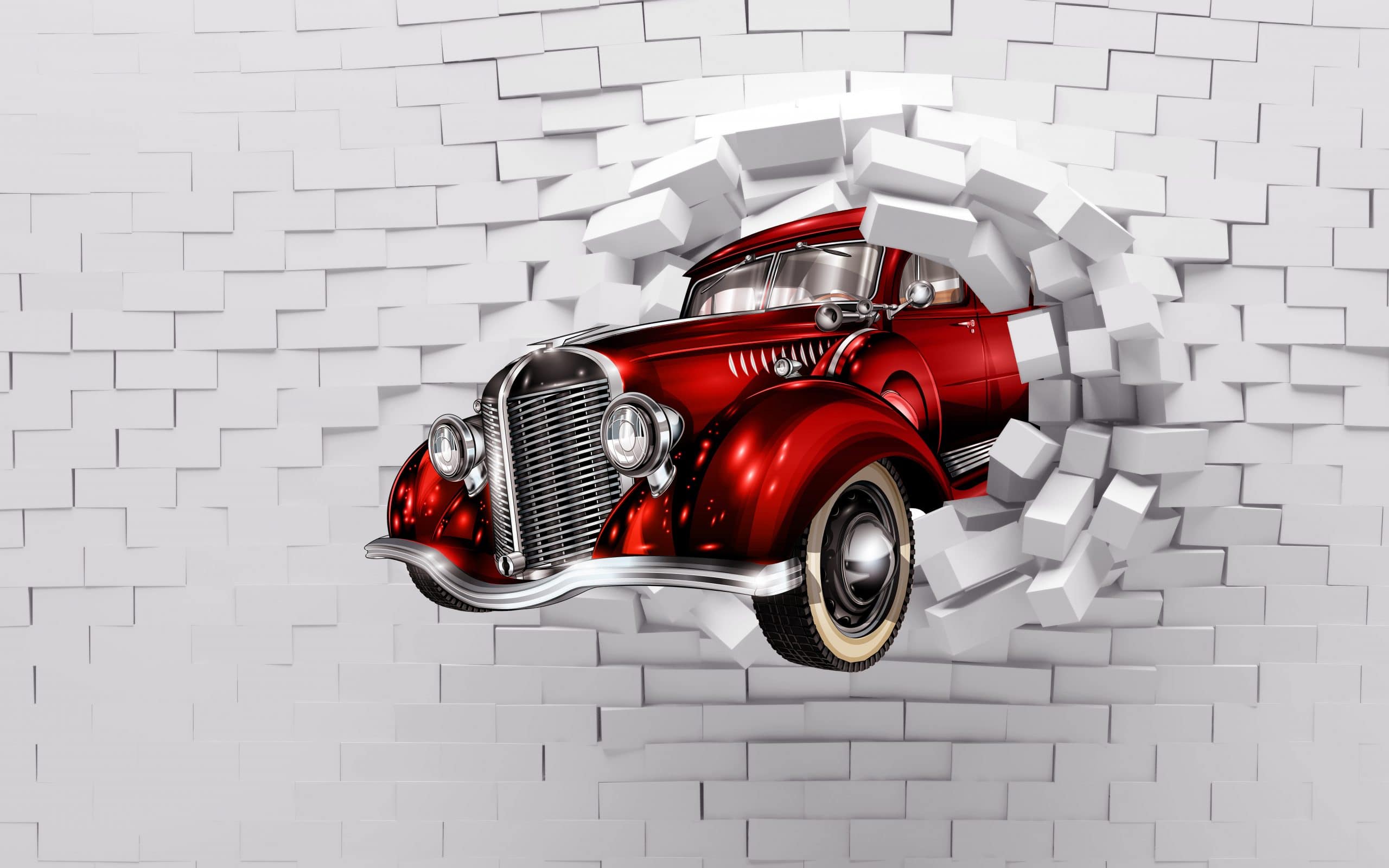 mural de un coche atravesando una pared
